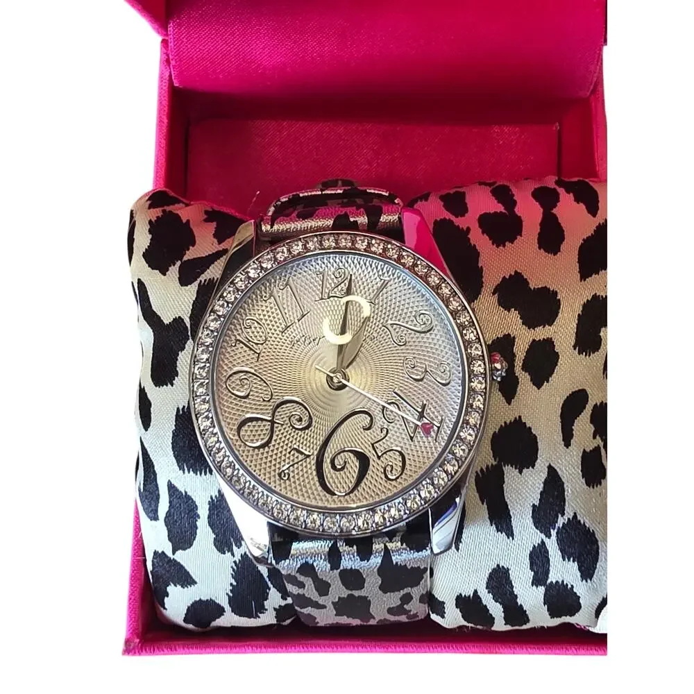 Betsey Johnson Silver Crystal Leopard Print Watch